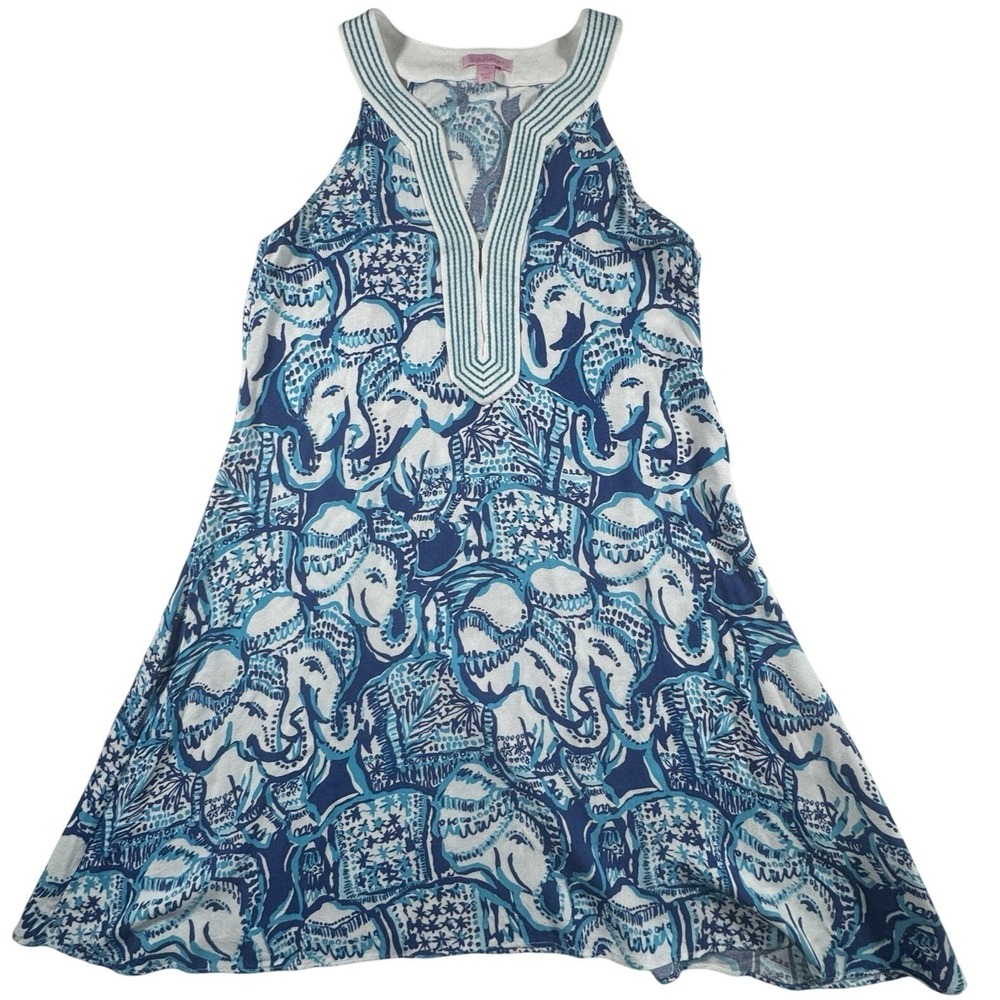 Lilly Pulitzer Achelle Keep On Trunkin Elephant Swing Dress Womens M Blue - Picture 3 of 11